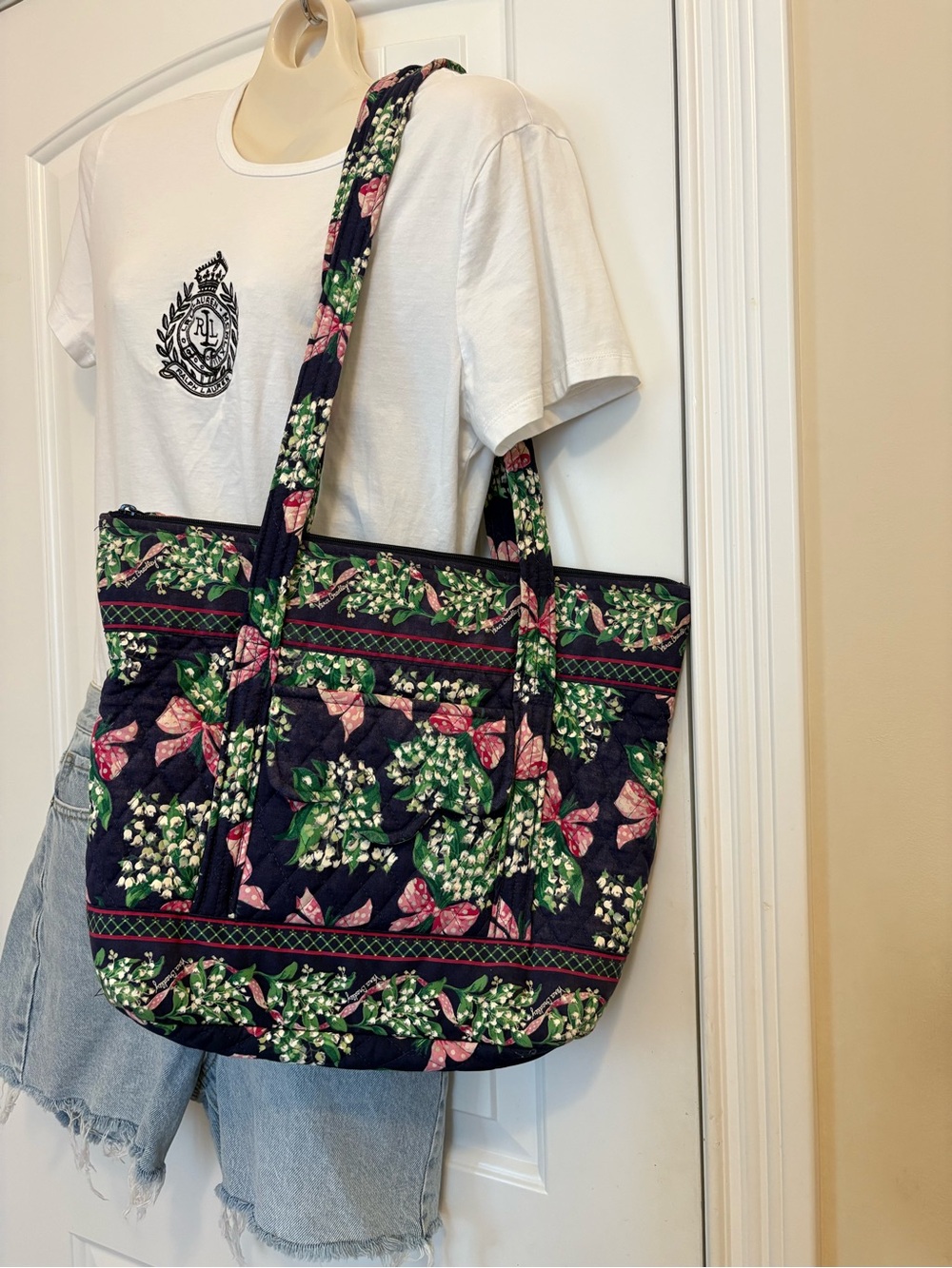Vintage Vera Bradley Navy Floral Quilted Tote with Pink & Green Accents